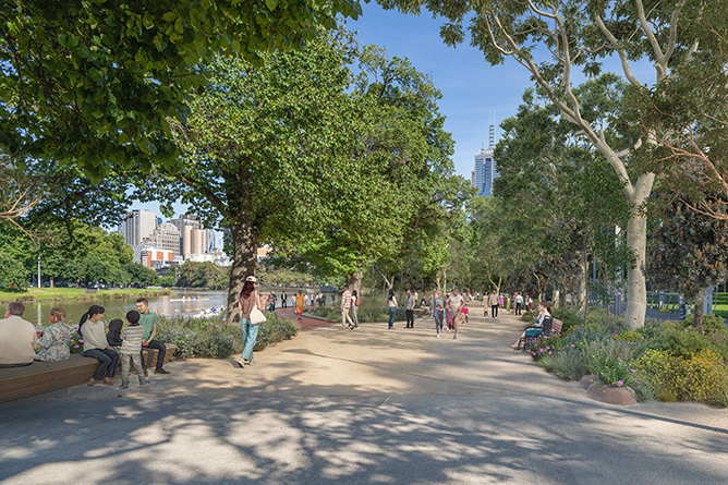 Artist impression of the entry to Birrarung Marr Precinct Site 1 featuring people walking, sitting and enjoying the new pathway, trees and greenery.