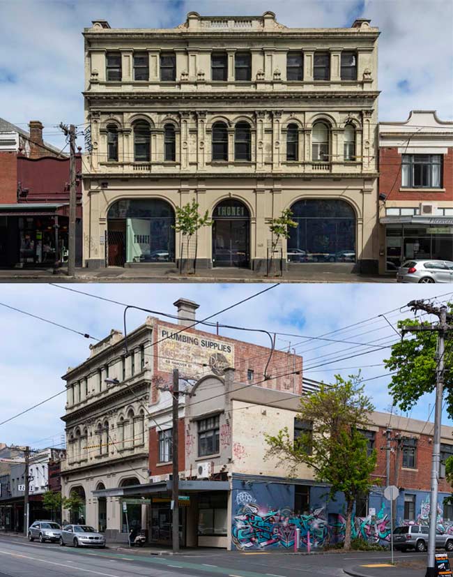 Front and diagonal views of a reconstructed three-storey building shopfront.