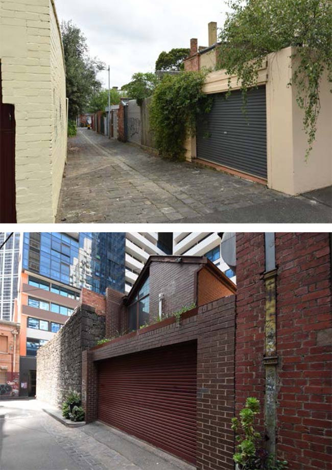 Composite photos showing laneway access of the garages of two properties