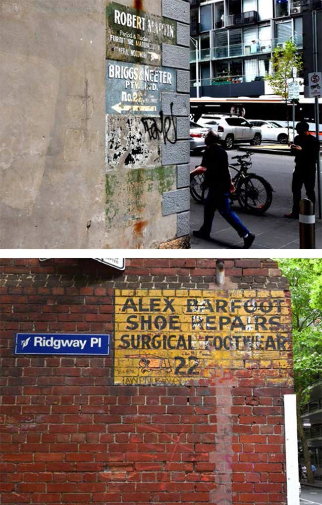 Composite of two photos showing historic painted 'ghost' signs, including a sign on a brick wall in Ridgway Place for 'Alex Barfoot - Shoe repairs, surgical footwear'. 