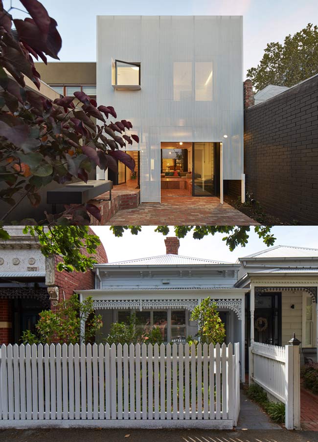 Back view of a modern two-storey extension to a single storey heritage terrace, alongside the front view of the house from where the extension is not visible at all.