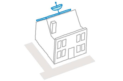 Illustration of a satellite antenna on the roof of a house