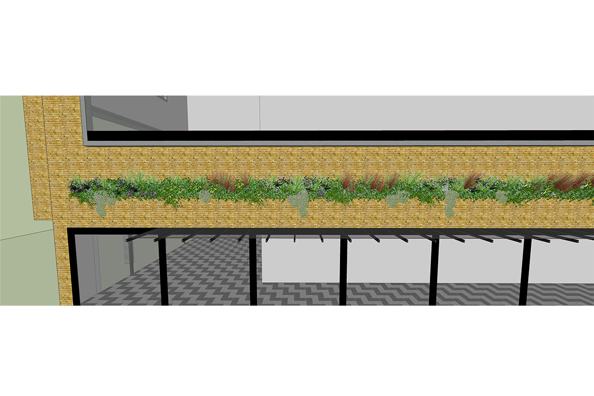 Artist rendering of brick wall with growing plants integrated into wall.