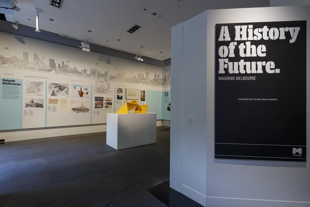 The entrance to the exihibition showing prominent black and white sign: 'A History of the Future.'