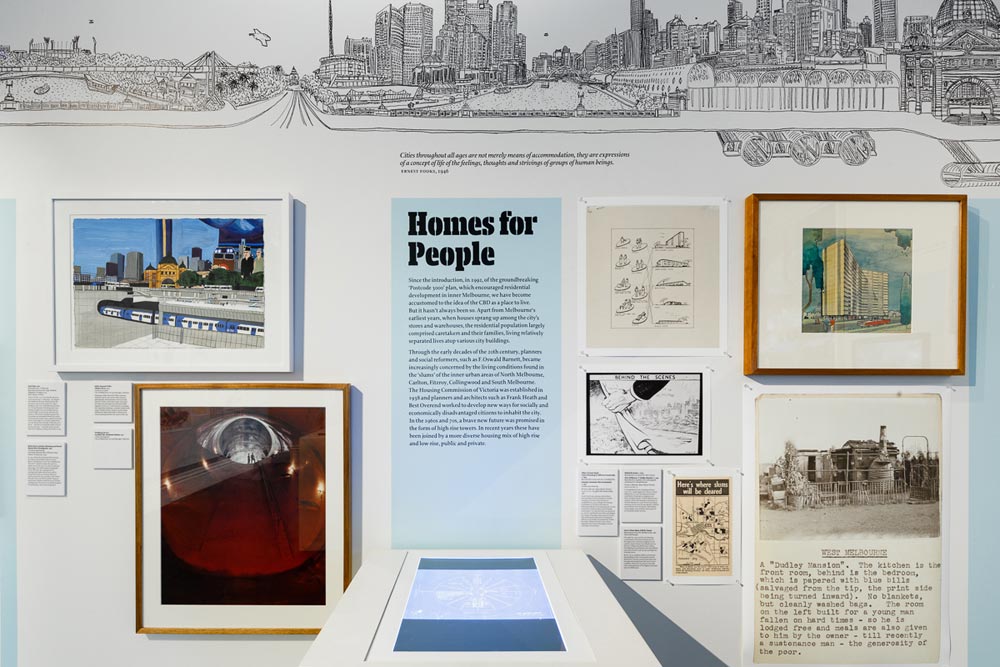 'Homes for People' exhibit with historical photograph of 'A Dudley Mansion'; plans and artist impressions of modern buildings and transport systems and other illustrations.