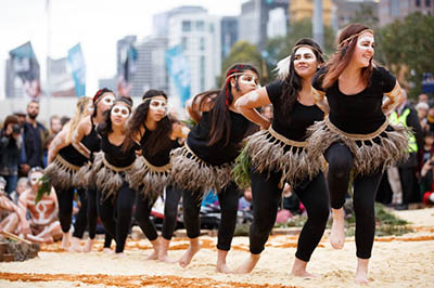 Ilbijerri Theatre Company perform at Federation Square in Melbourne