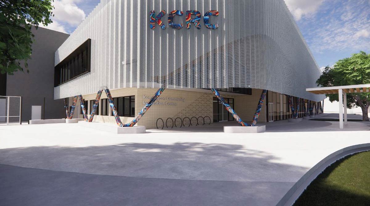 Artist impression of the new centre's entrance featuring decorative brickwork, corrugated panels and the 'KSRC' sign and poles in rainbow colours.
