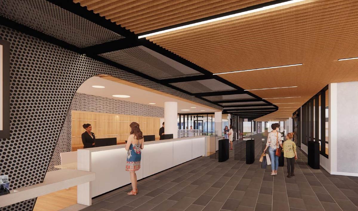 Artist impression showing the reception area with customers at the counter and walking through security gates.