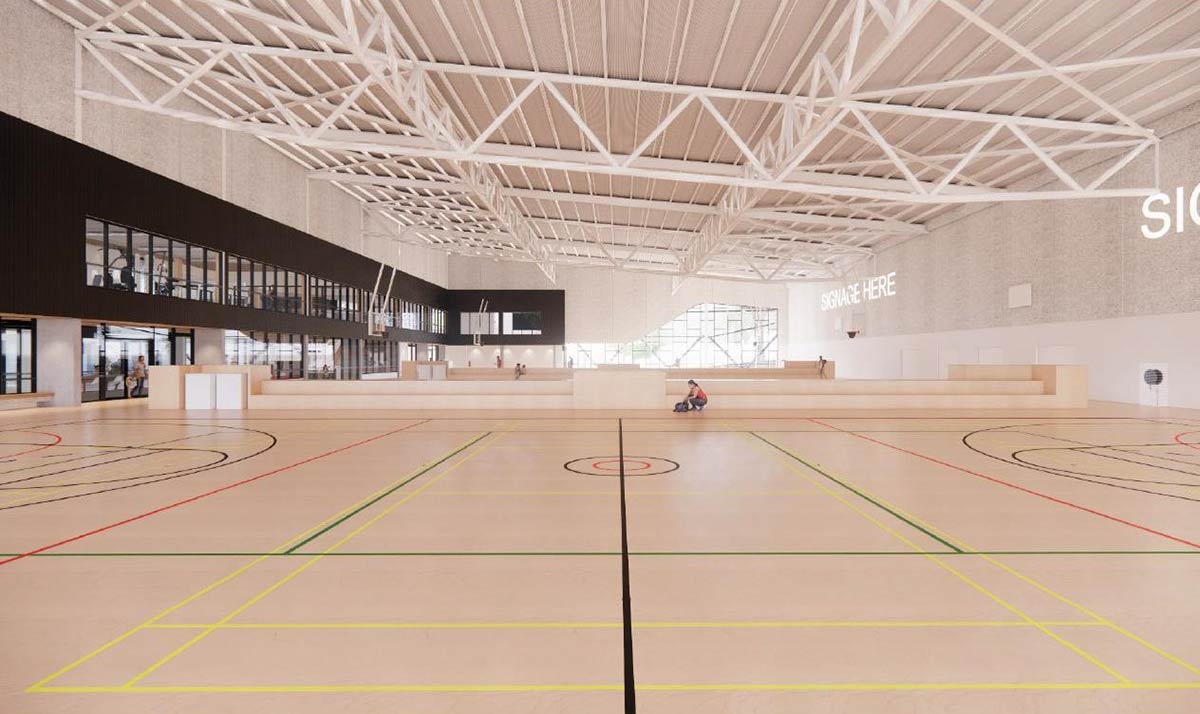 Artist impression of the large multipurpose court with coloured line markings and under a ceiling that features metal trusses.