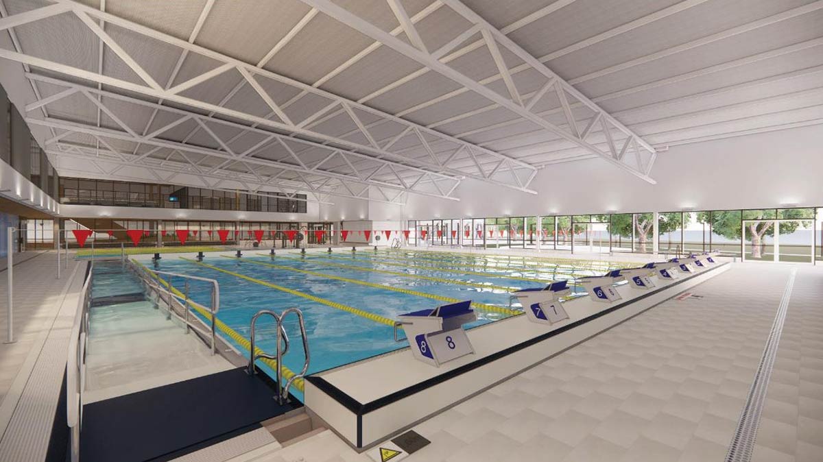Artist impression of the swimming pool under a ceiling which features white trusses.