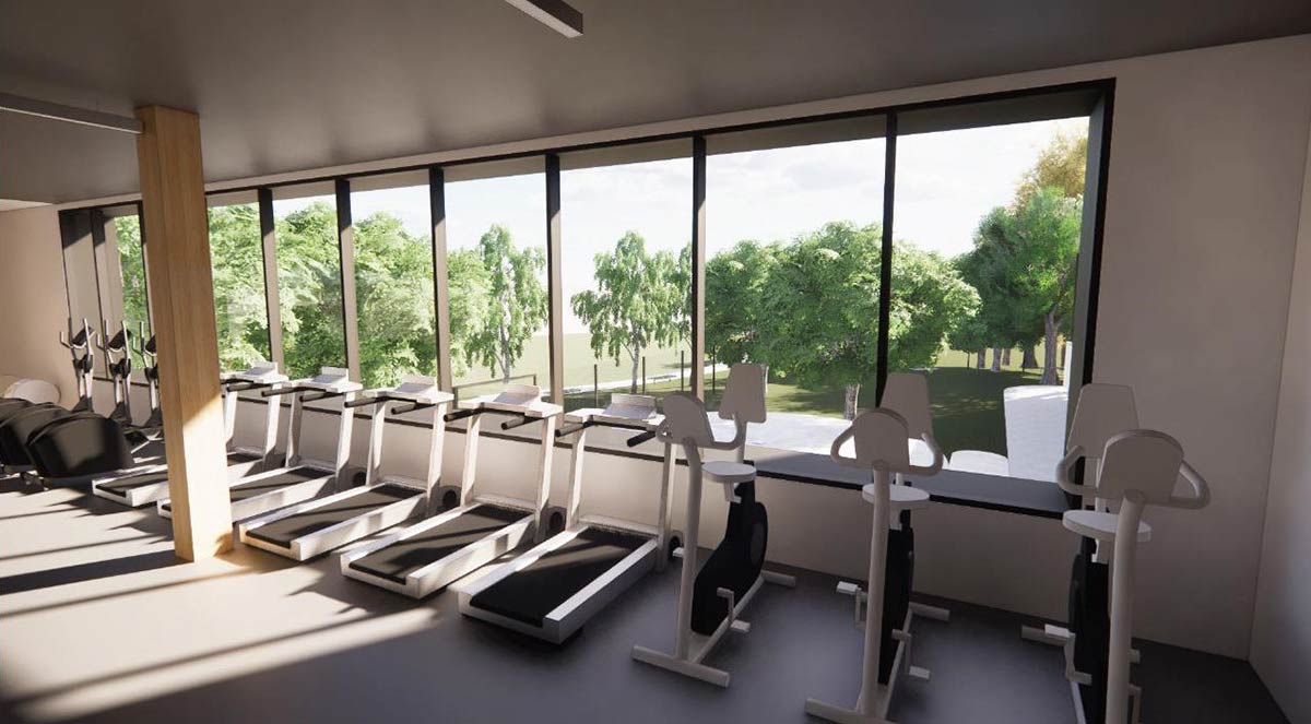 Artist impression of the gym with a row of treadmills and exercise bikes along a window which looks out on trees outside.