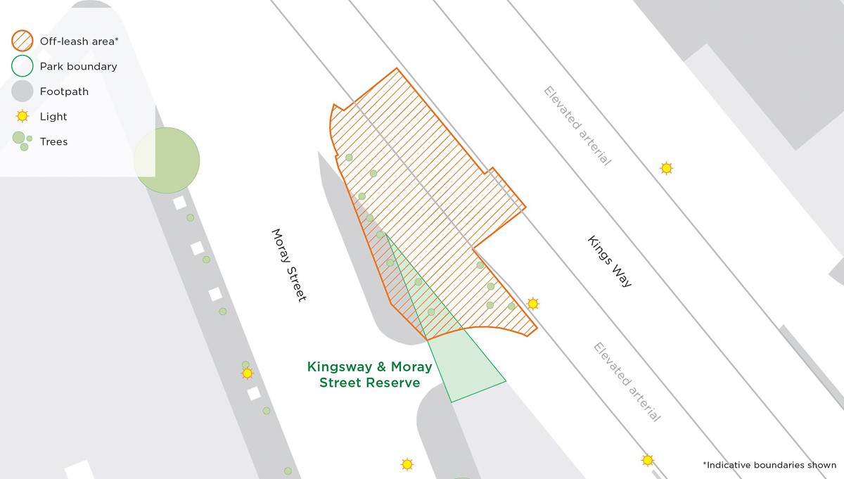 Map of Kings way and Morat St reserve dog park. The dog off leash area is shaded in orange and is between Kings way and Moray Street.