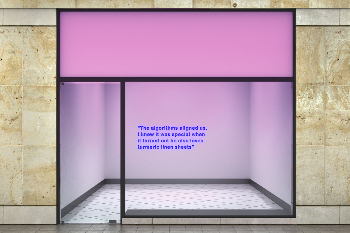3D mock-up of empty shop front in the day with neon text and lighting