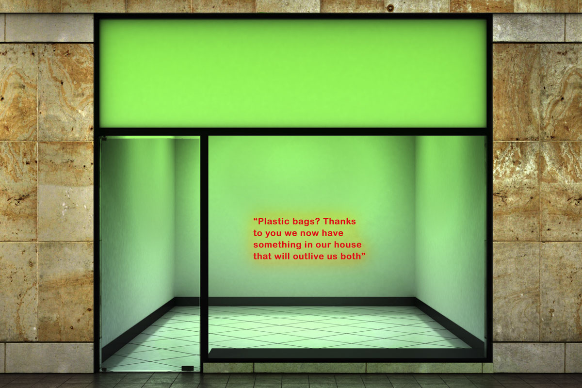 3D mock-up of empty shop front in the night with neon text and lighting