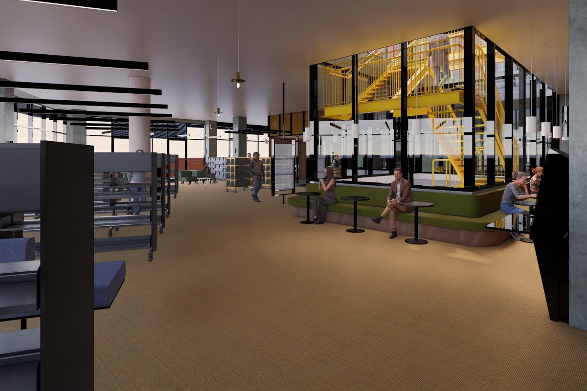 Artist impression of people scattered throughout the library collection floor of the new Munro space. A large internal stairwell is at the centre of the floor.