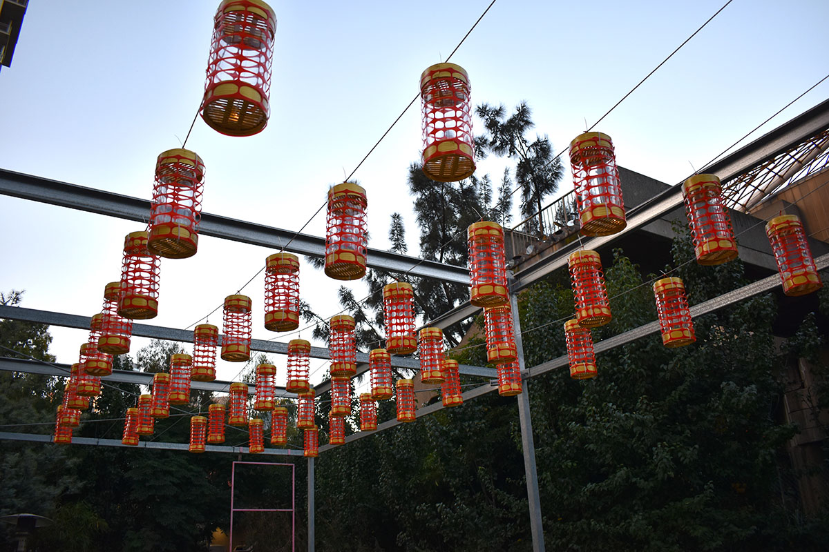 Bamboo lanterns suspended from frame