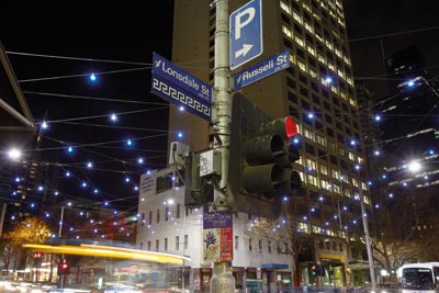 Sign for Greek precinct at Lonsdale Street and Russell Street intersection