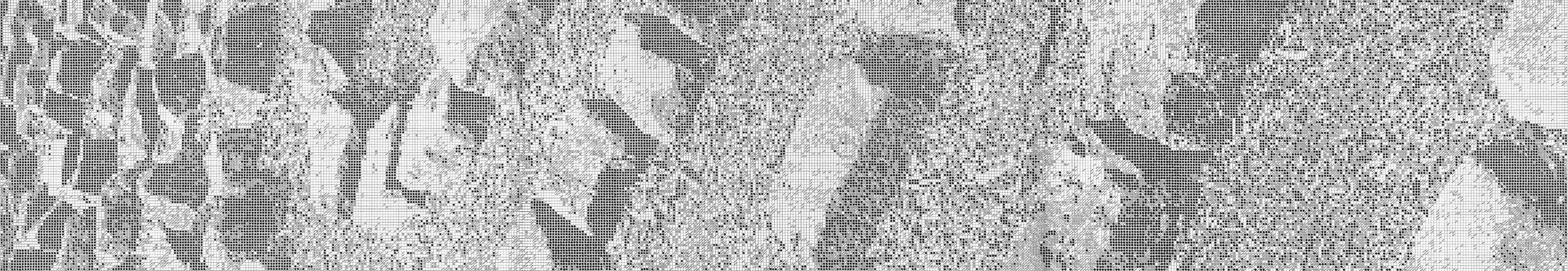 A textured grey artwork made of small pixels.