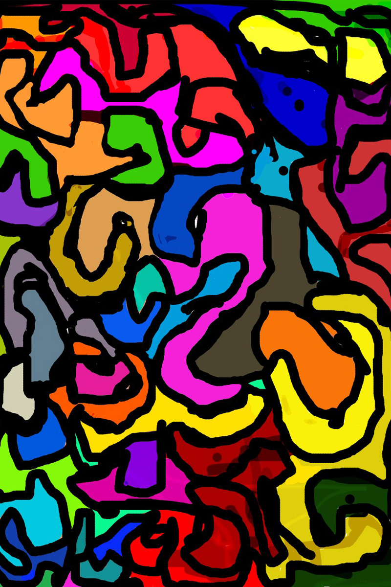 A digital artwork of black lines and colourful sections.