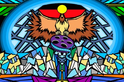 Birreranga image showing bird of prey perched on film reel podium, in front of an Aboriginal flag and stained glass wall