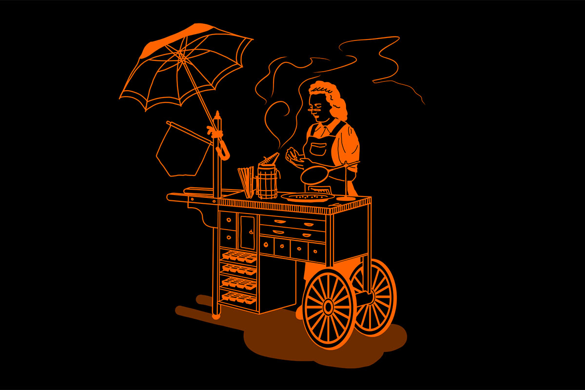 Orange line drawing on black background showing vending cart