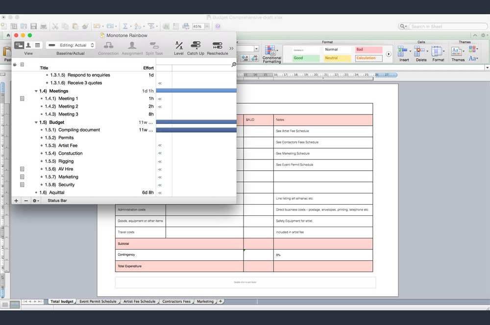 Screenshot of budget and timeline documents and windows on a computer