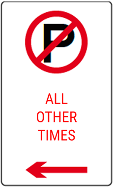 A 'no parking' sign which has the letter 'P' in a red circle with a line through it.
