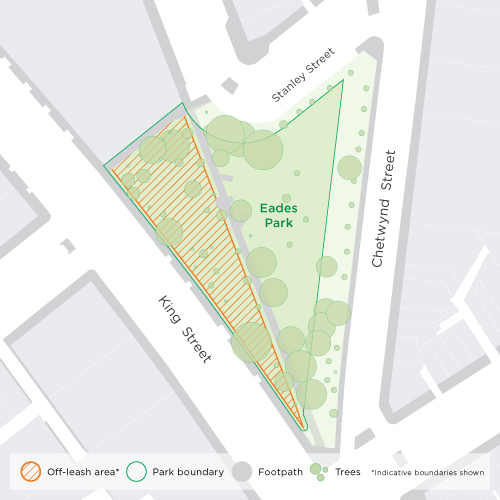 Eades Park is roughly triangular in shape, bordered by Chetwynd Street to the east, King Street to the west, and Stanley Street to the north. The off-leash area, indicated by the orange line pattern, is the narrow triangular area on the western edge, between King Street and the foothpath that runs through the park.