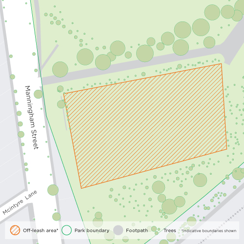 Map showing off-leash areas of Manningham Reserve