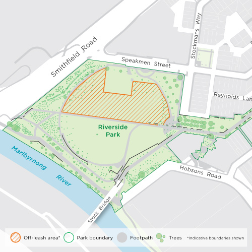 Map showing off-leash areas of Riverside Park