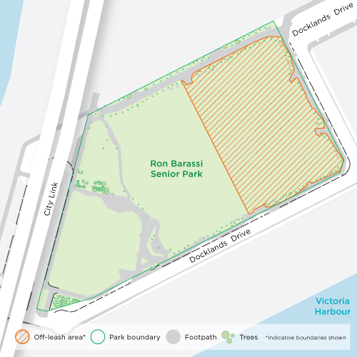 Map showing off-leash areas of Ron Barassi Senior Park