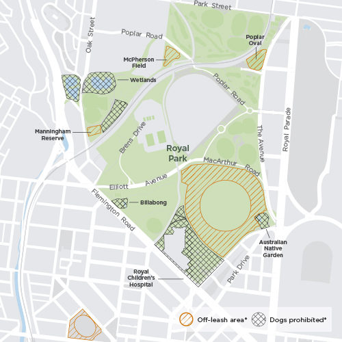 Map showing off-leash and dog prohibited areas of Royal Park