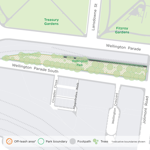 Map showing off-leash areas of Wellington Park