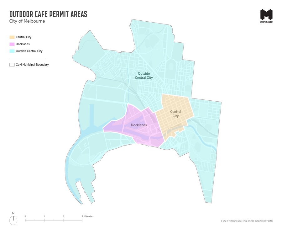 Map of City of Melbourne municipality showing outdoor cafe permit areas of central city (encompassing the Hoddle Grid and a small area north and south of the grid - indicated by orange shading); Docklands (indicated by pink shading) and the remaining area outside central city (indicated by aqua shading).
