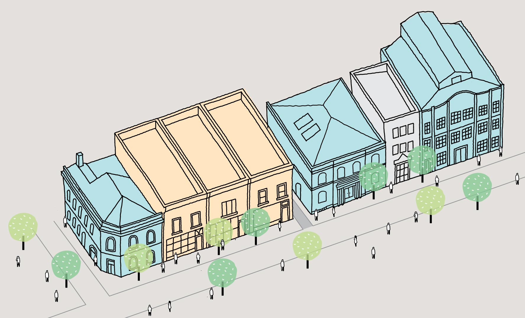 Illustration of a heritage precinct with row of buildings comprising a combination of mostly significant or contributory heritage places
