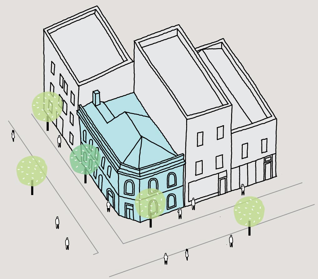Illustration of an individual heritage place building on street corner, adjacent to modern non-contributory places