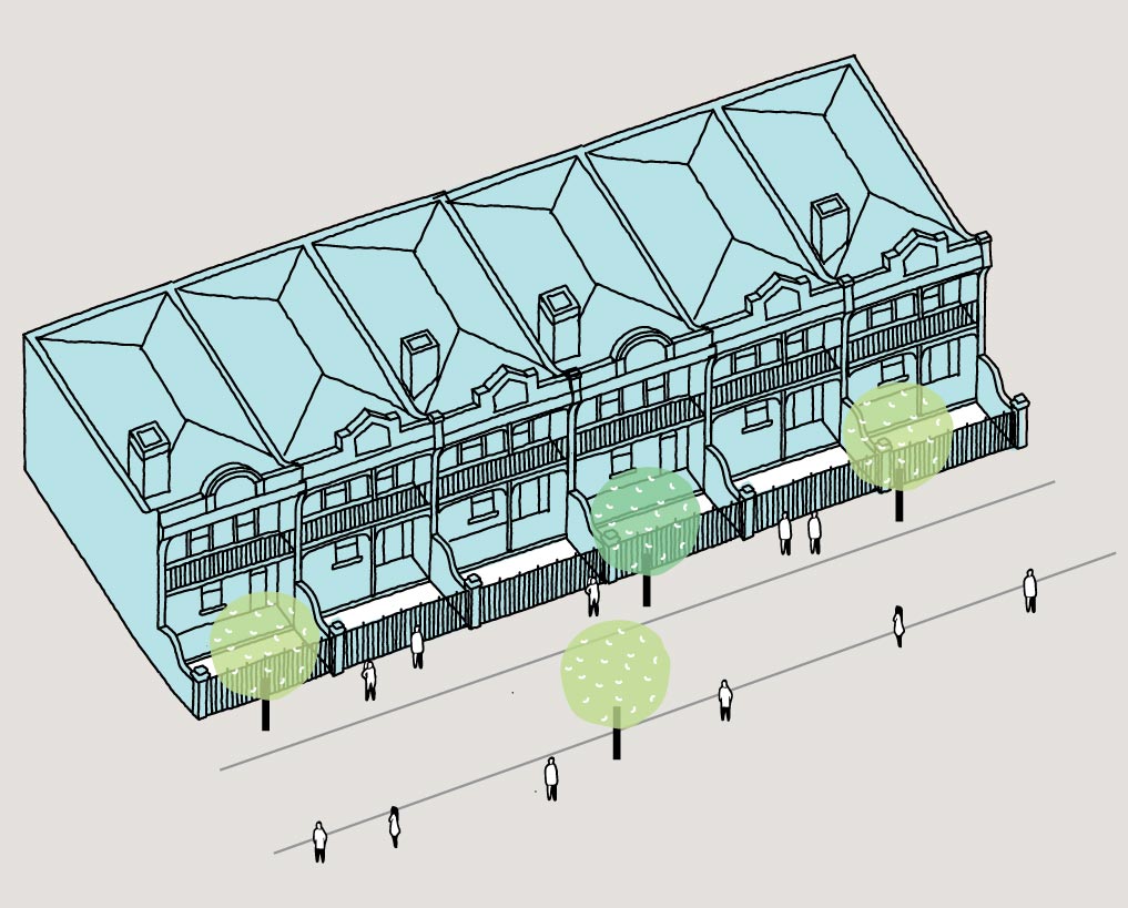 Illustration of a well-preserved row of terraces of the same style, forming a significant streetscape