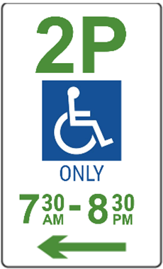 Parking sign for designated disability parking, showing the international symbol of a person in a wheelchair.