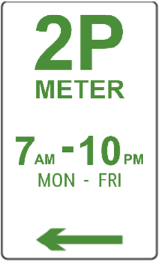 Parking sign with the words '2P meter, 7am to 10pm, Monday to Friday' in green.