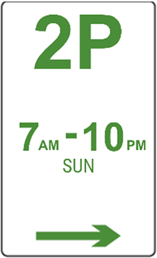 Park sign indicating 2P, 7am to 10pm, Sunday.