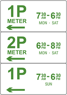 Parking sign with three panels showing the different restrictions at different times. The top panel says '1P meter, 7.30am to 6.30pm, Monday to Saturday. The centre panel says '2P meter, 6.30pm to 8.30pm, Monday to Saturday. The bottom panel says '1P, 7.30am to 6.30pm, Sunday.