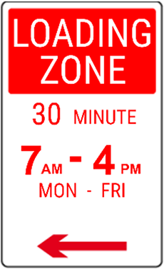 A sign indicating a loading zone for 30 minutes ffrom 7am to 4pm, Monday to Friday.