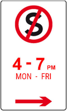 Parking sign indicating no stopping from 4pm to 7pm, Monday to Friday.
