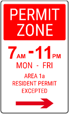 Parking sign indicating a permit zone for Area 1a resident permit holders, from 7am to 11pm, Monday to Friday