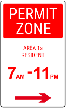 Parking sign indicating an Area 1a resident permit zone from 7am to 11pm.