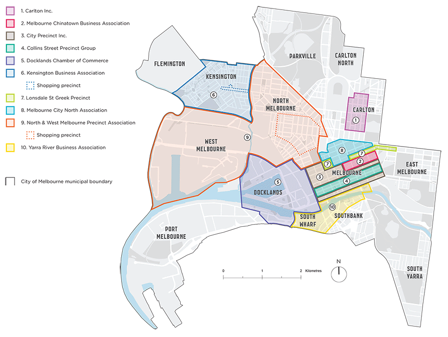 Map showing City of Melbourne municipal bounday and the 10 business precinct areas within