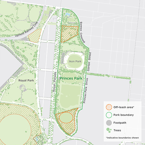 Map of Princes Park. The park is within the region bounded by Park Street to the north; Bowen Crescent, Garton Street and Princes Park Drive to the east; and Royal Parade to the west. The two dog off-leash areas, indicated by the diagional line pattern, include an area near the park's northern edge and an area surrounding Crawford Oval, in the park's southern end.