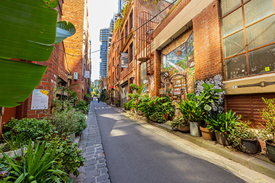 City laneway with brick building and green plants