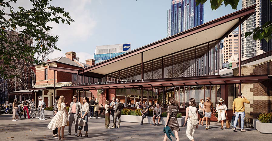 Shoppers walking near the new food hall, a two-storey building with angled butterfly roof line, canopy with deep eaves and floor-to-ceiling windows (artist impression).