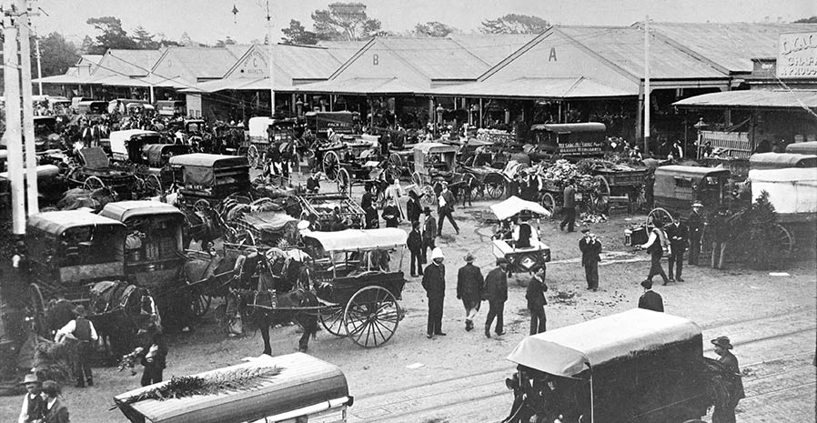 People arriving at the markets in horses and carts. Historic black and white photo.